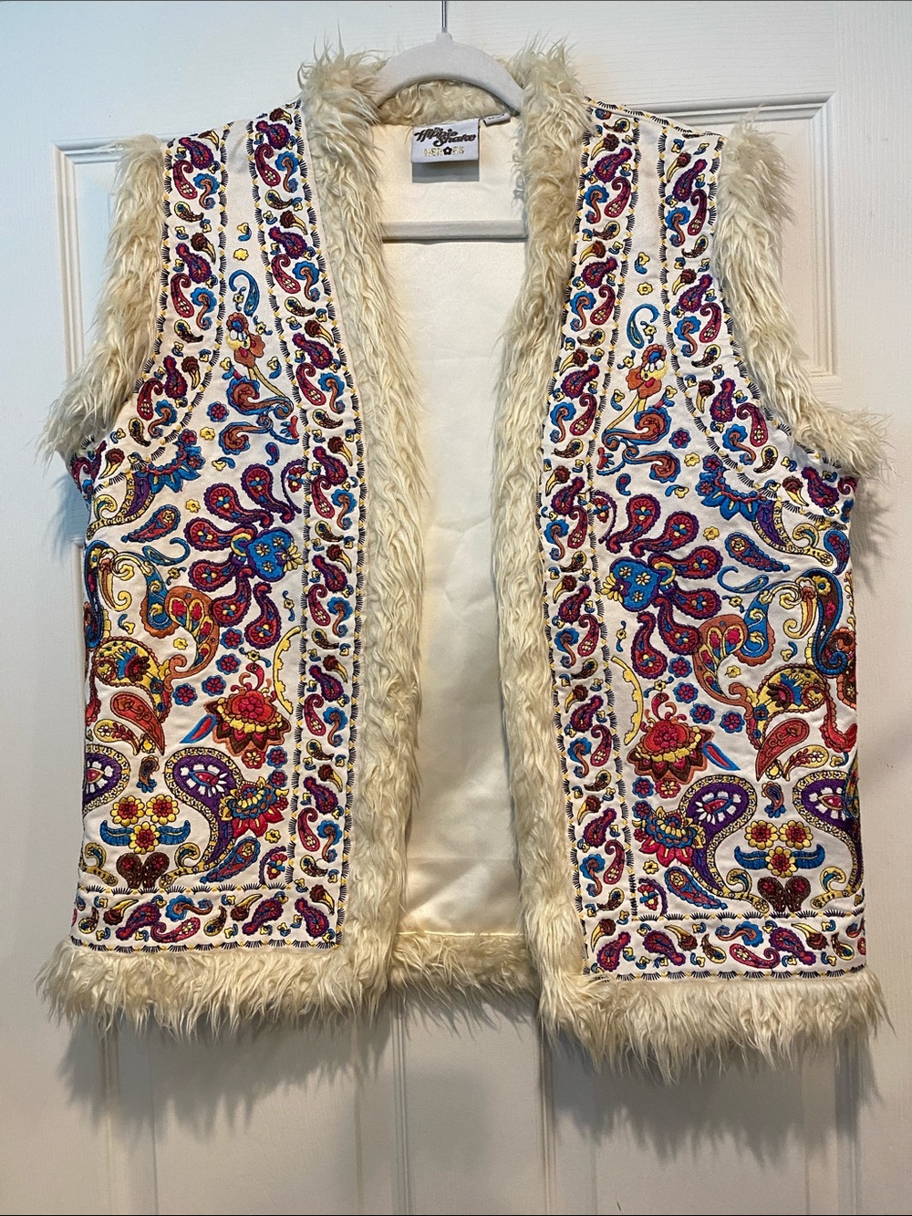 The Hippie Shake Boho Embroidered Faux Fur-Trim Vest - Ivory Multi